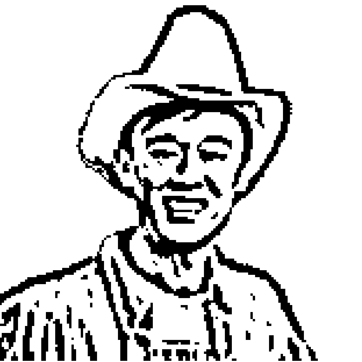 A black-and-white pixel portrait of Eric wearing a cap